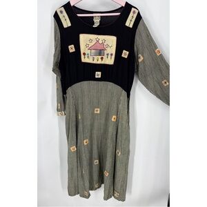 Hand block vintage gingham check Dress w/floral star embroidered patchwork M/L